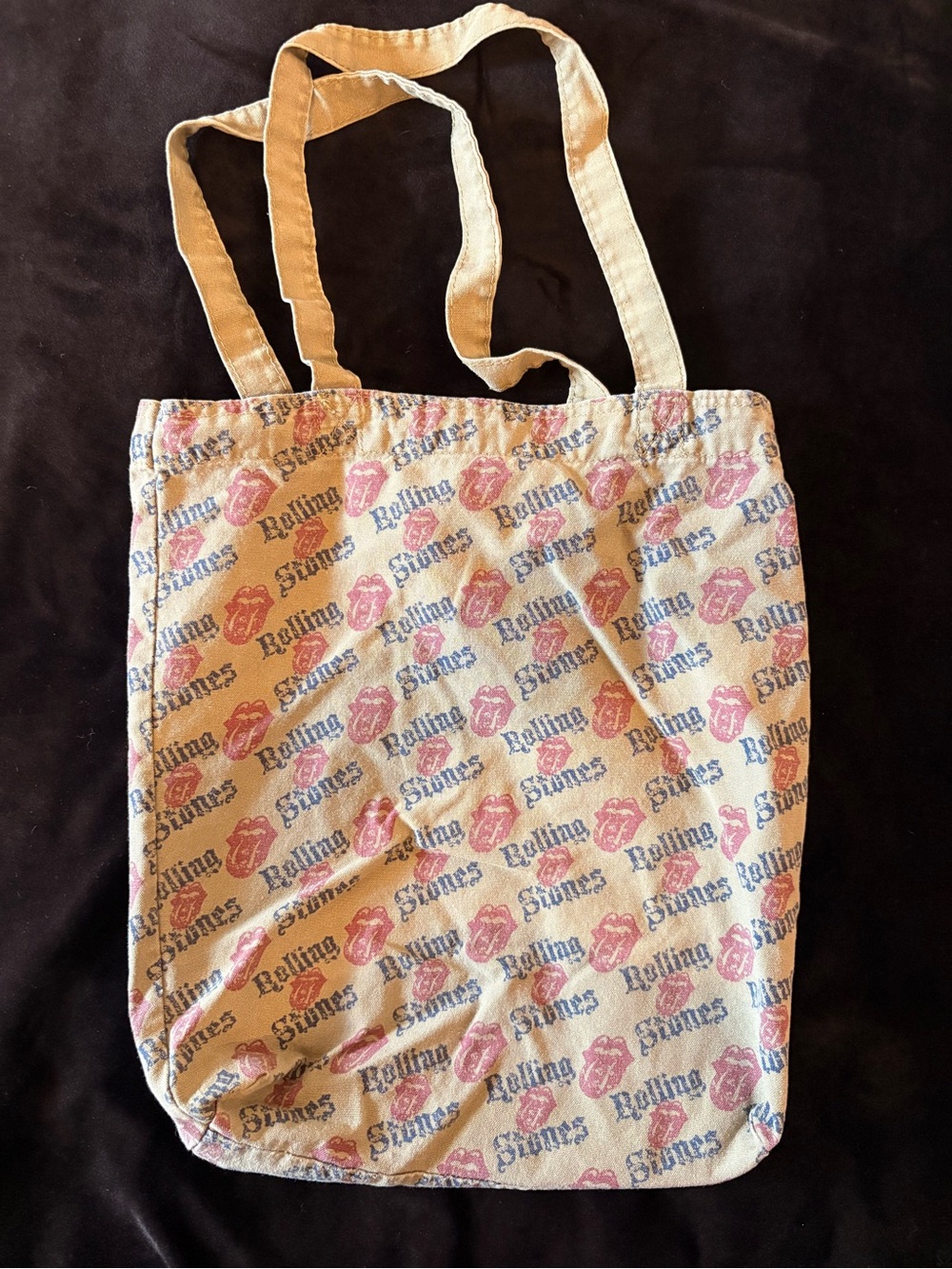 the Rolling Stones Olive Grean Canvas Tote with Red and Blue Logo Print